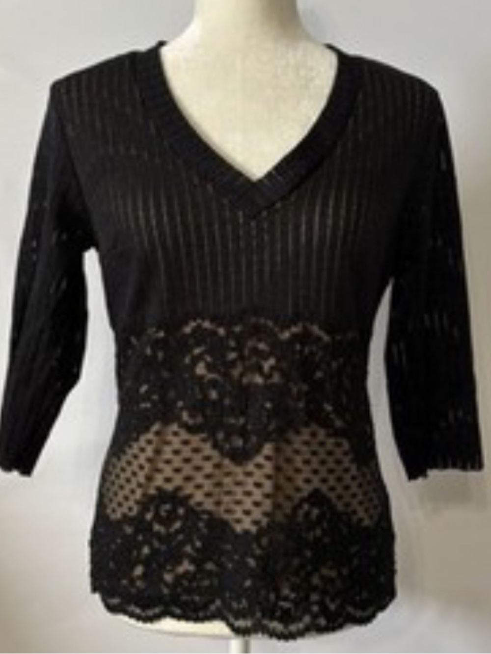 Cache Black V-Neck Lace-Trim Sheer Knit Top vintage size medium